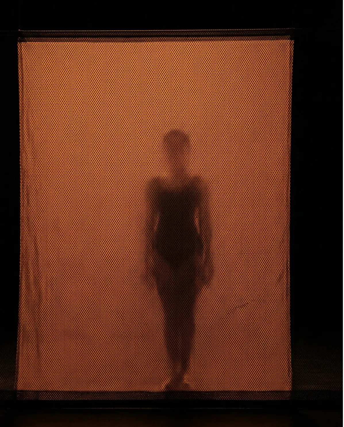 The same sharkstooth scrim lit from the front, reading as a near-solid surface with only a faint silhouette of the performer behind it