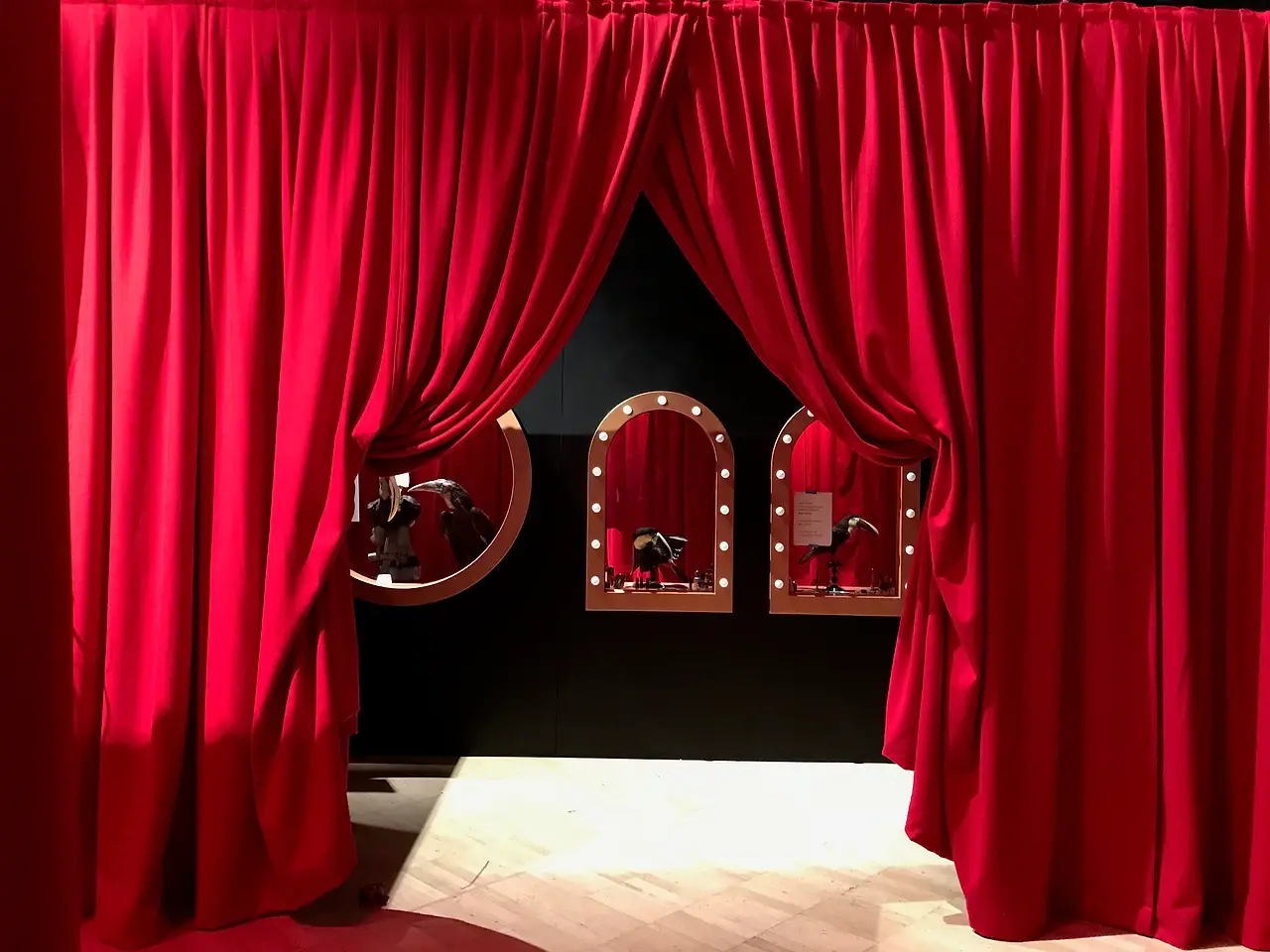 Rich red house velvet swagged and tied back
