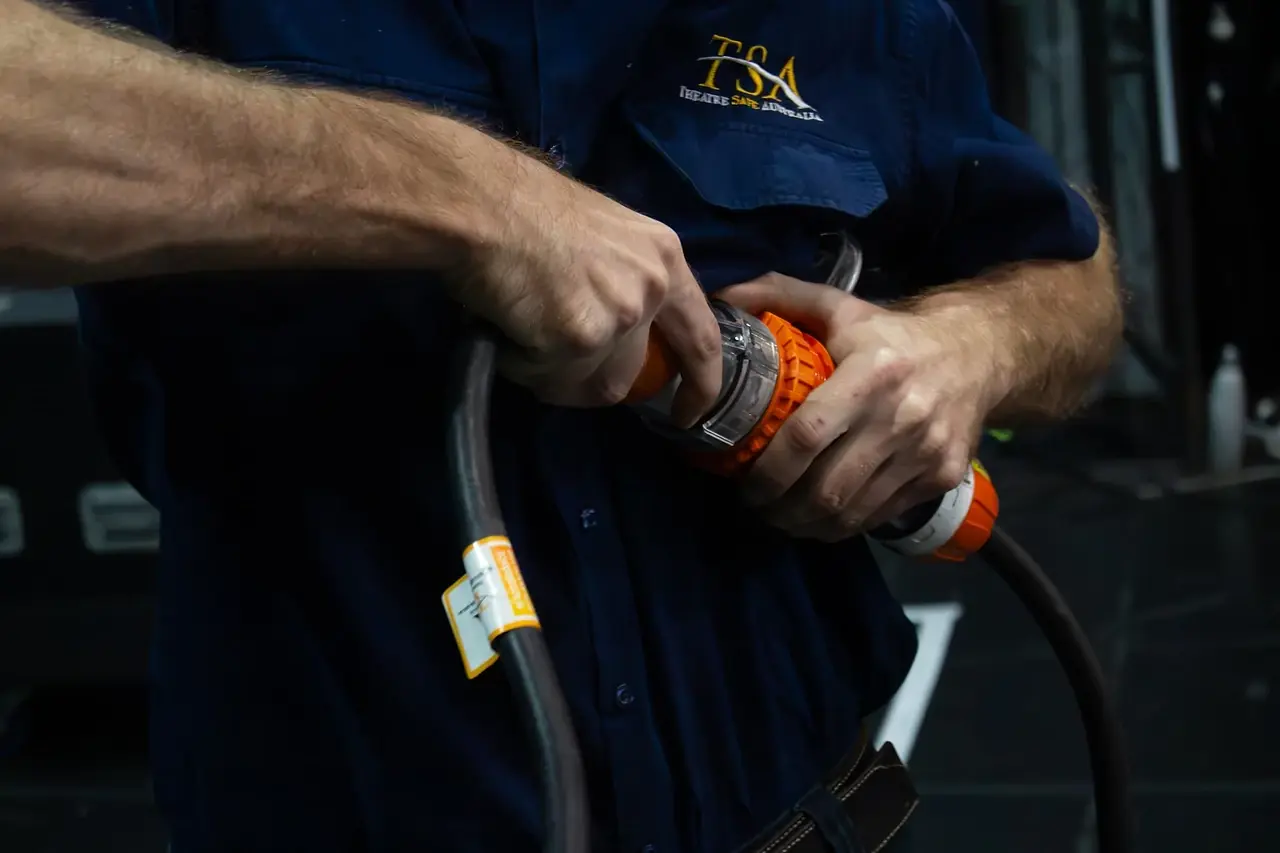 Performer flying rig in mid-cue, cable suspension detail