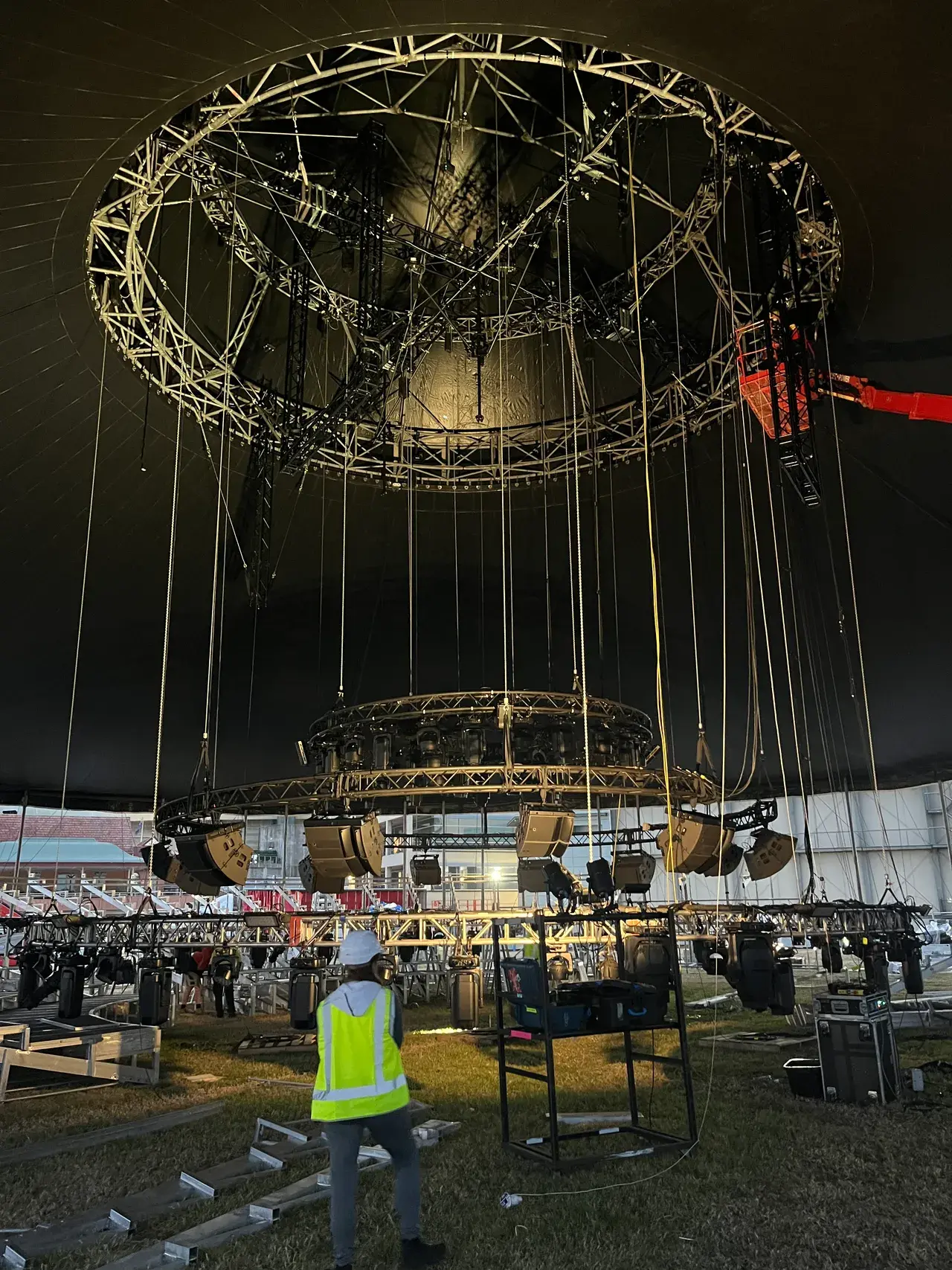 The double-ring circus arena rig taking shape during build