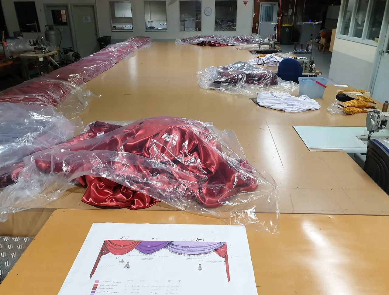 Reveal Productions workshop mid-pandemic, stitching line operating at reduced staffing. Photo: Reveal Productions.